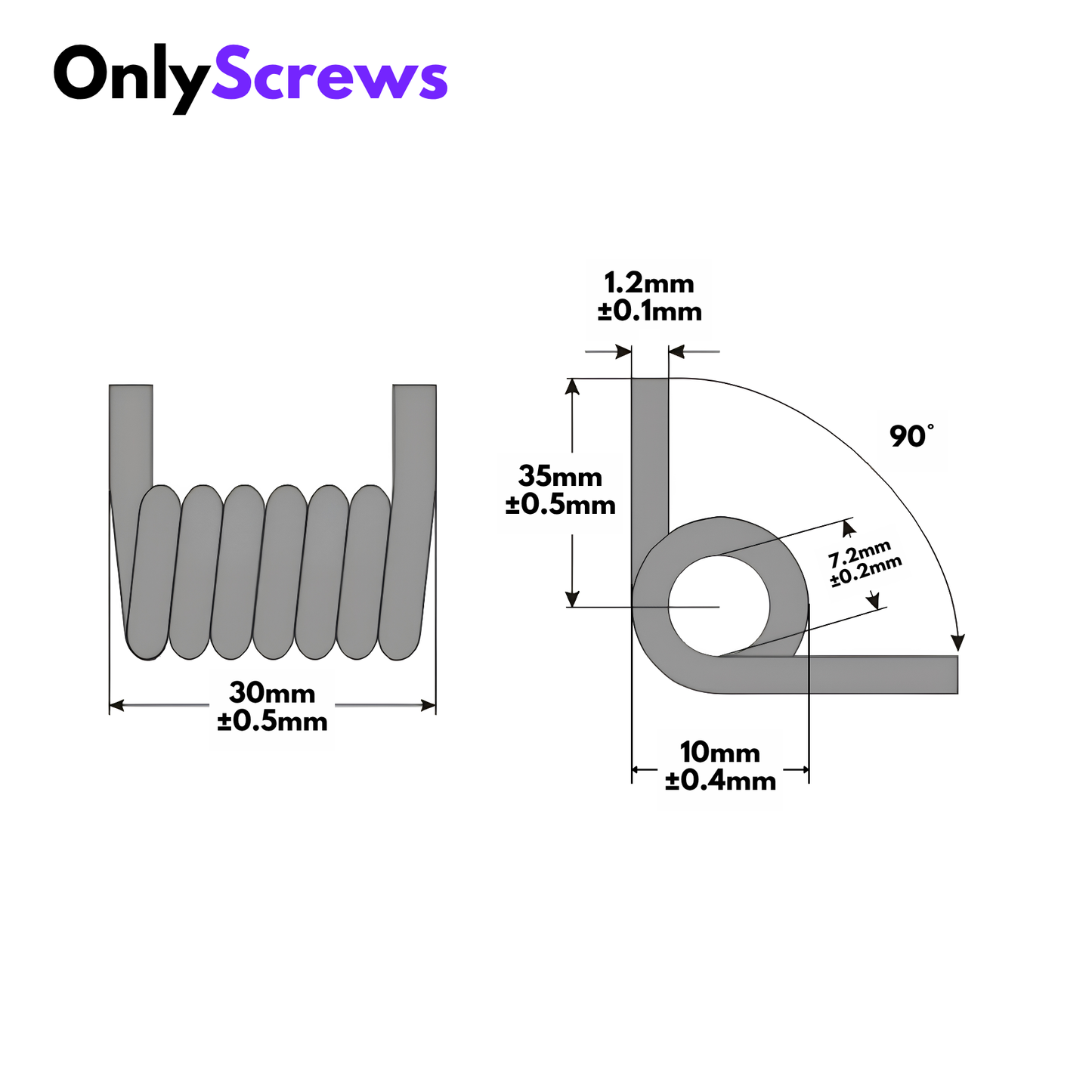 OD: 10mm ID: 7.2mm L: 30mm Deflection Angle: 90 Torsion Spring Stainless Steel 304