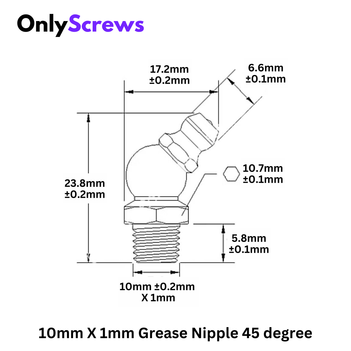 10mm X 1mm Grease Nipple Straight 45° Mild Steel with Zinc Plating