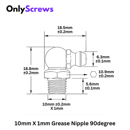 10mm X 1mm Grease Nipple Straight 90° Mild Steel with Zinc Plating