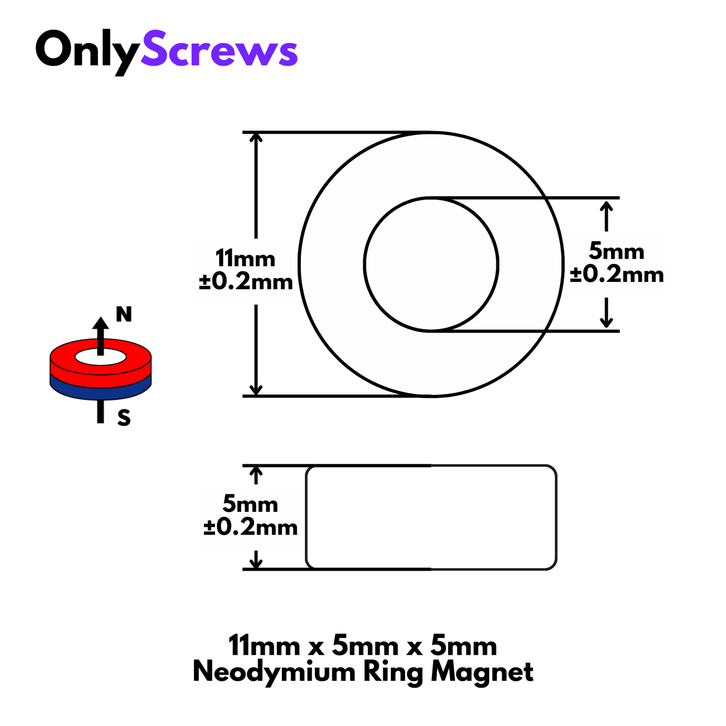 11mm x 5mm x 5mm Neodymium Ring Magnet N35