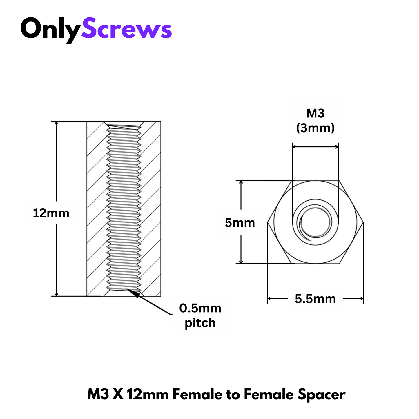 M3 X 12mm Female to Female Brass with Nickel plating Hex Threaded Standoff Spacer