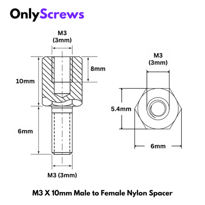 M3 X 10mm Male to Female Nylon Hex Threaded Standoff Spacer