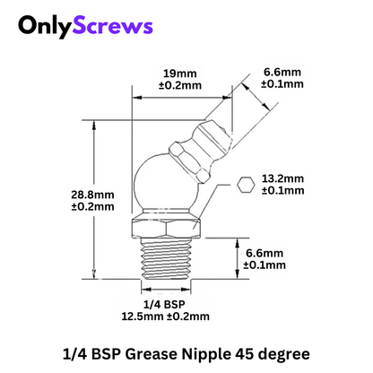 1/4 BSP Grease Nipple Straight 45° Mild Steel with Zinc Plating