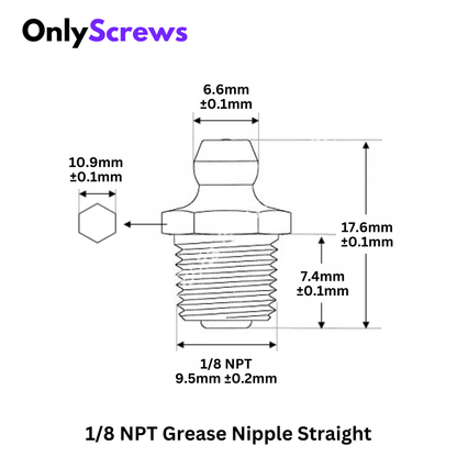1/8 NPT Grease Nipple Straight 180° Mild Steel with Zinc Plating