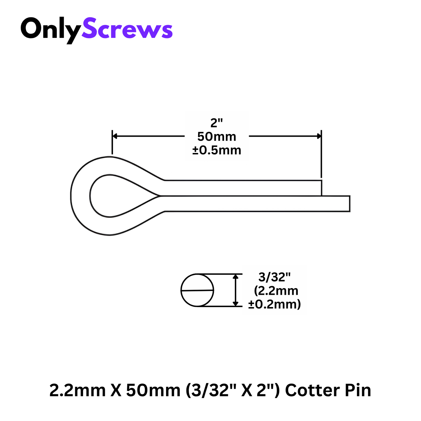 2.2mm X 50mm (3/32" X 2") Cotter Pin Mild Steel with Zinc Plating