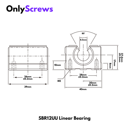 SBR12UU / SME12UU Open Type Housing with Linear Bearing Slider Bushing for 12mm Shaft