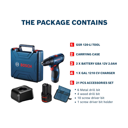 BOSCH GSR 120-LI 12V Cordless Drill Driver Kit with Two 2.0Ah Battery – 30Nm Torque, 10mm Keyless Chuck & 2-Speed Gearbox With 1 Year Warranty