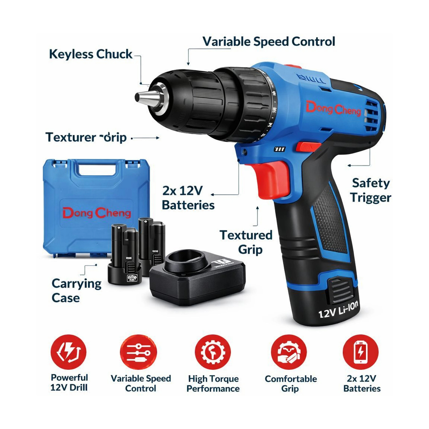 Dong Cheng 12V Cordless Drill DCJZ1202E – 35Nm Power, 2-Speed, Rechargeable Drill Machine for Wood, Metal & DIY Use