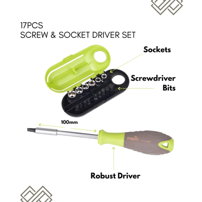 17pcs Screw and Socket Driver Set with Wood and Plastic Handle, 1/4inch Drive Adaptor, 9pcs CrV Screwdriver Bits, 6pcs Steel Sockets, in PVC Case, 17 in 1 Screwdriver Set