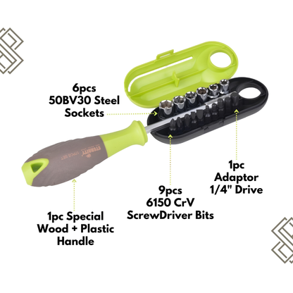 17pcs Screw and Socket Driver Set with Wood and Plastic Handle, 1/4inch Drive Adaptor, 9pcs CrV Screwdriver Bits, 6pcs Steel Sockets, in PVC Case, 17 in 1 Screwdriver Set