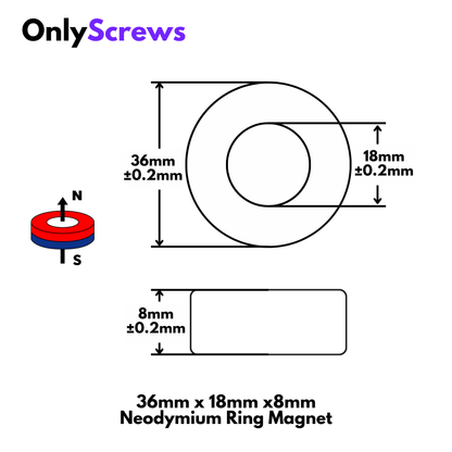 36mm X 18mm X 8mm Ferrite Ring Magnet (ID: 36mm, OD: 18mm Thickness: 8mm)