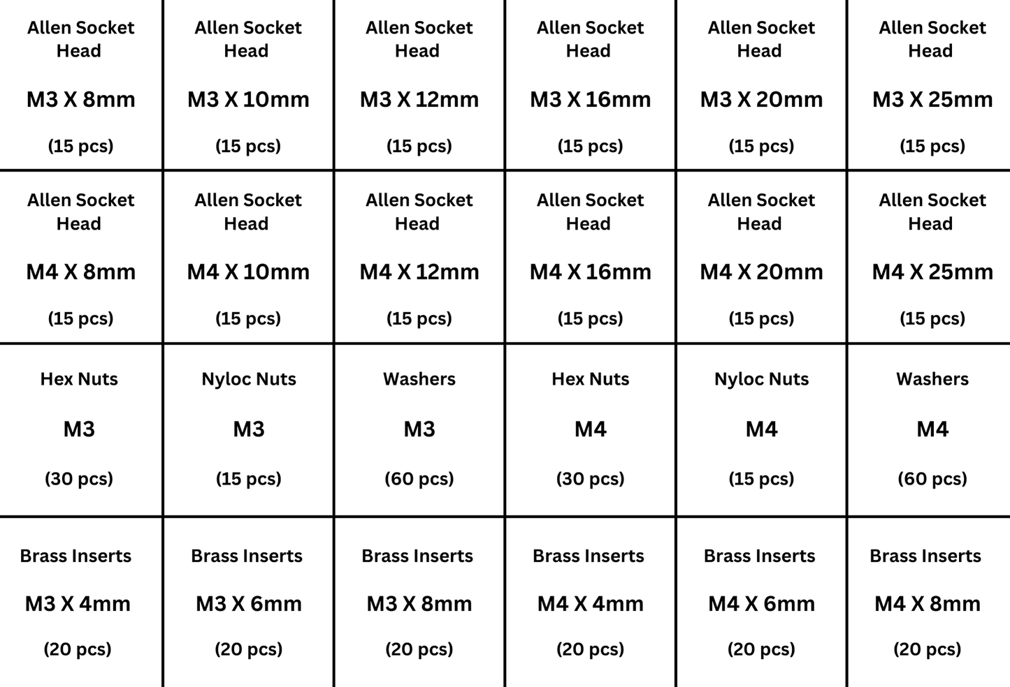 3D Printing assorted screw pack (Allen socket heads, Hex nuts, Nyloc nuts, Washers & Brass inserts)
