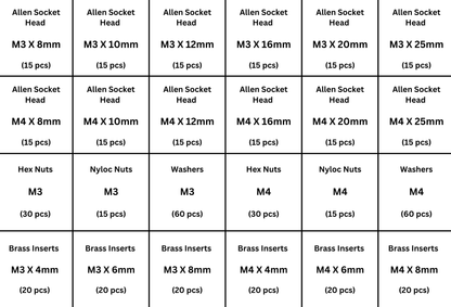 3D Printing assorted screw pack (Allen socket heads, Hex nuts, Nyloc nuts, Washers & Brass inserts)