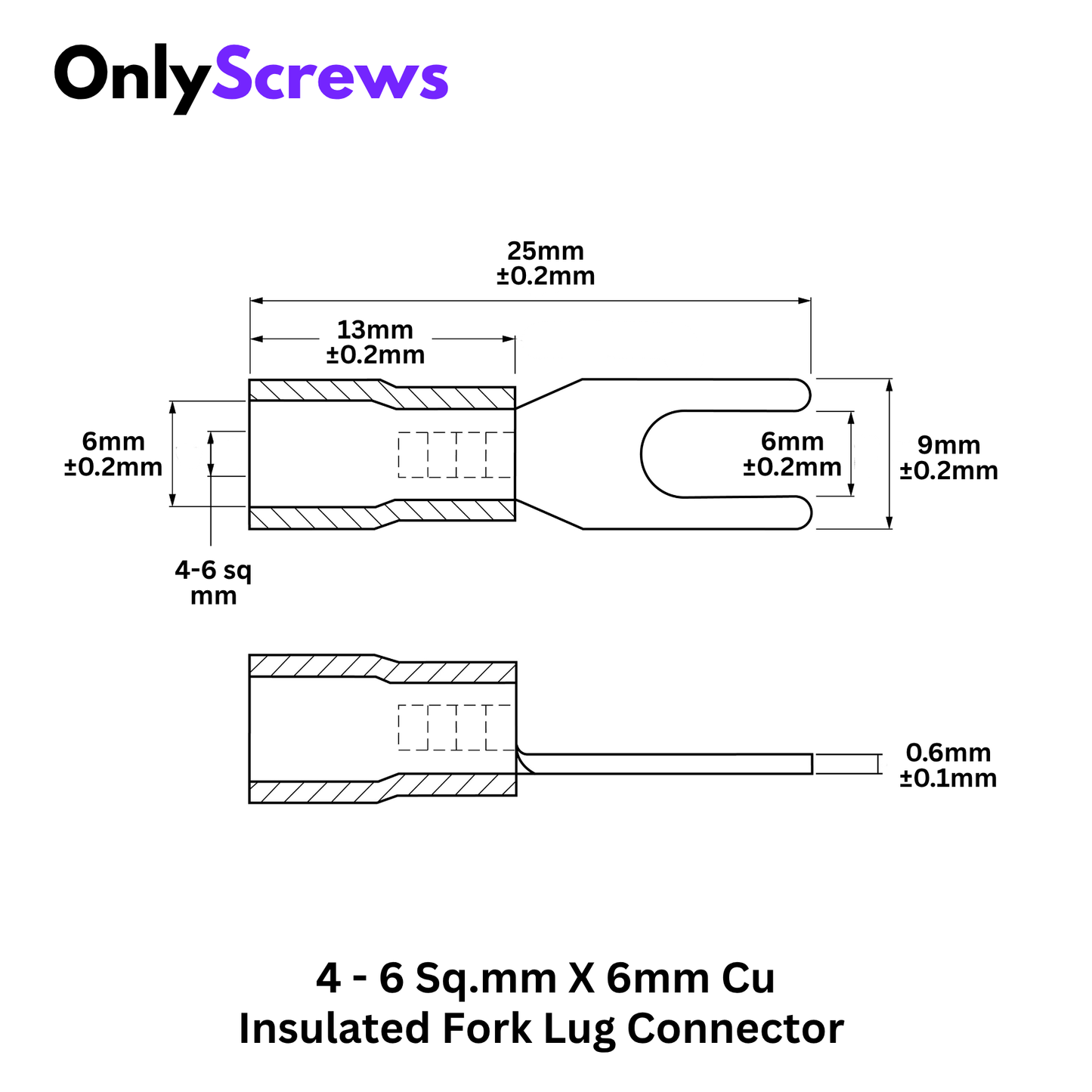 4-6 Sq.mm X 6mm Insulated Copper Fork Crimp Terminal Lug Connector