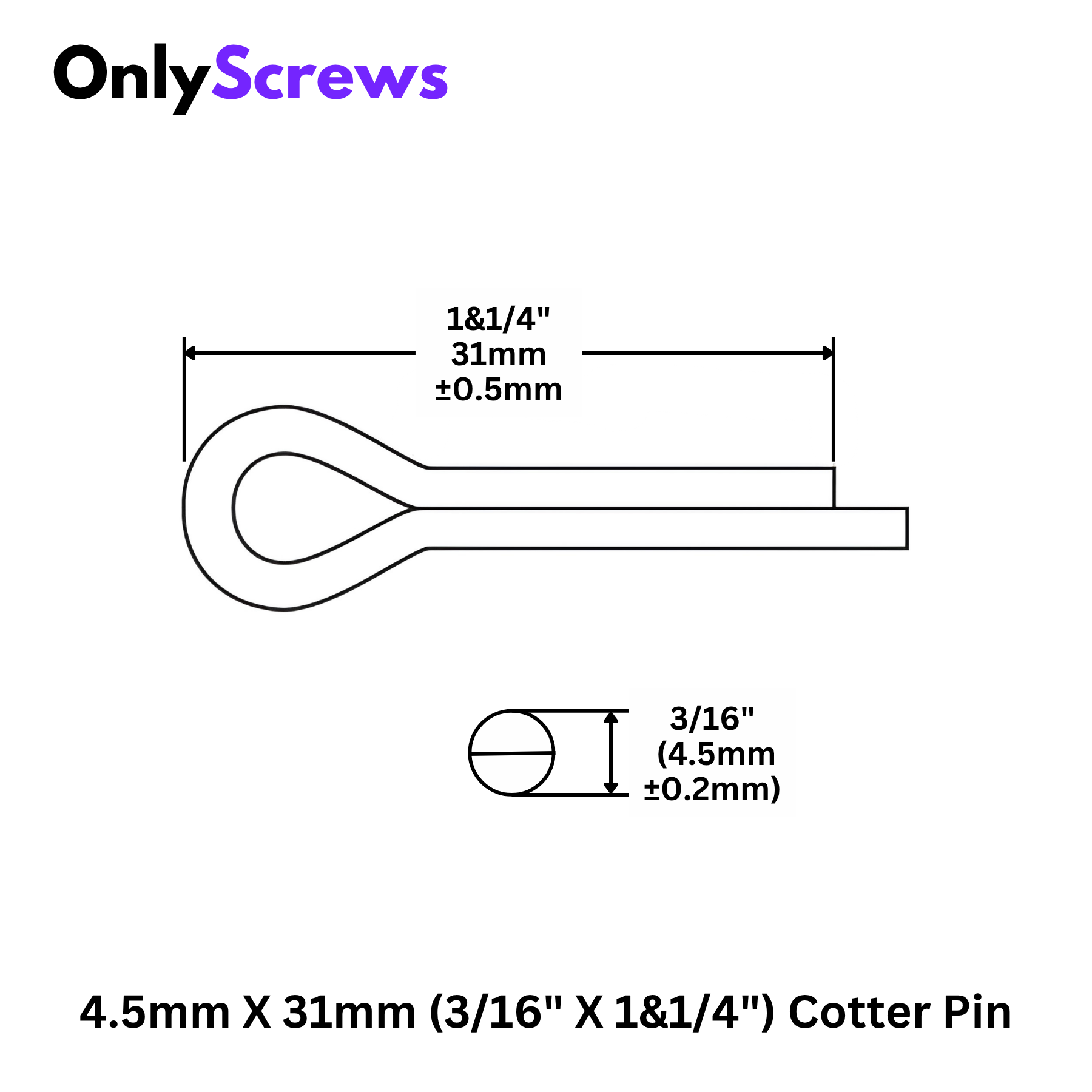 4.5mm X 31mm (3/16 X 1&1/4") Cotter Pin Mild Steel with Zinc Plating