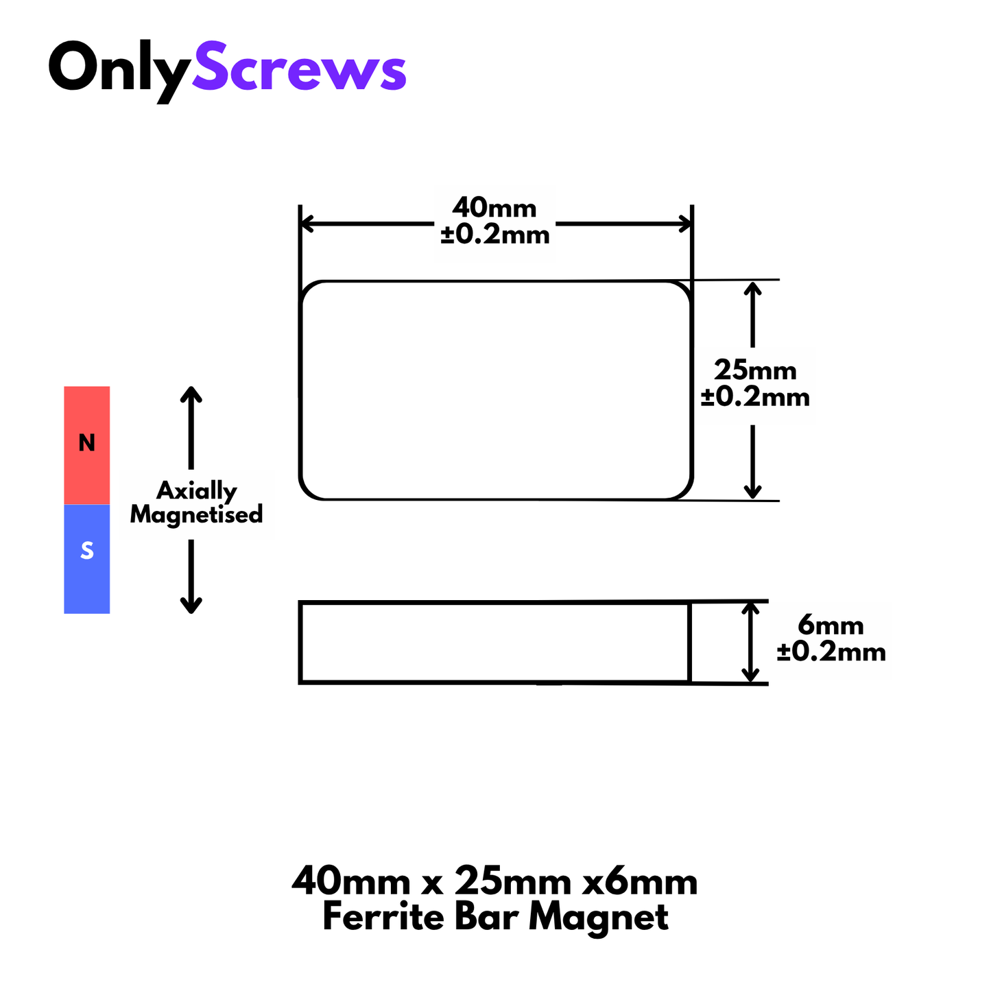 40mm x 25mm x 6mm Ferrite Bar Magnet (L:40mm B:25mm H:6mm)