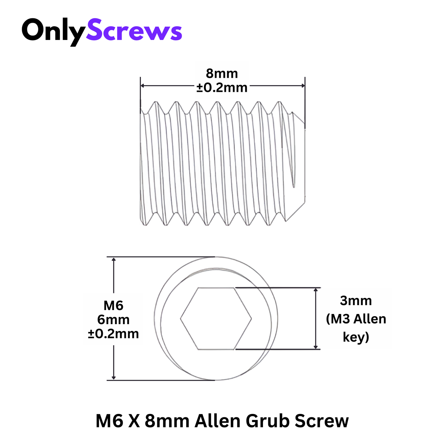 M6 X 8mm Grub Screw SS304 (Dia. 6mm, Length 8mm)