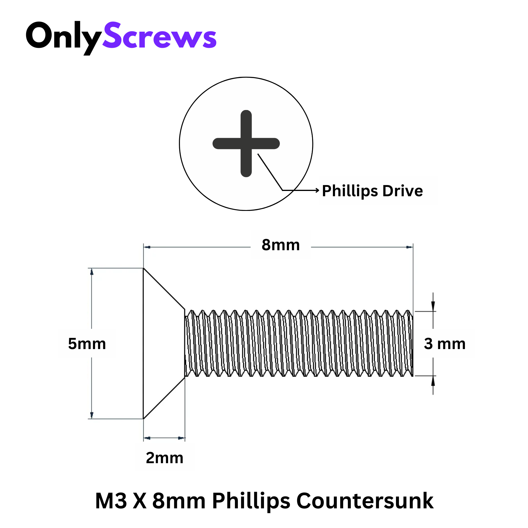 M3 X 8mm Phillips CSK