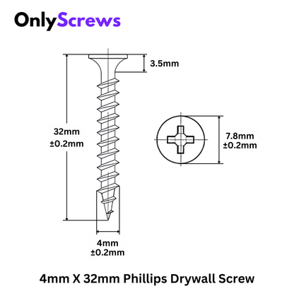 4mm X 32mm Phillips Bugle head Gypsum Drywall Screw