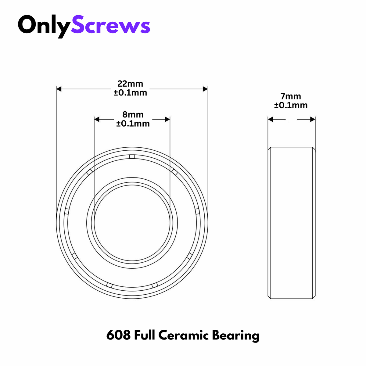 608 Full Ceramic Deep Groove Ball Bearing (ID: 8mm OD: 22mm T: 7mm)