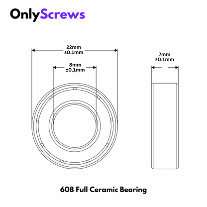 608 Full Ceramic Deep Groove Ball Bearing (ID: 8mm OD: 22mm T: 7mm)
