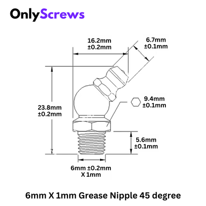 6mm X 1mm Grease Nipple Straight 45° Mild Steel with Zinc Plating