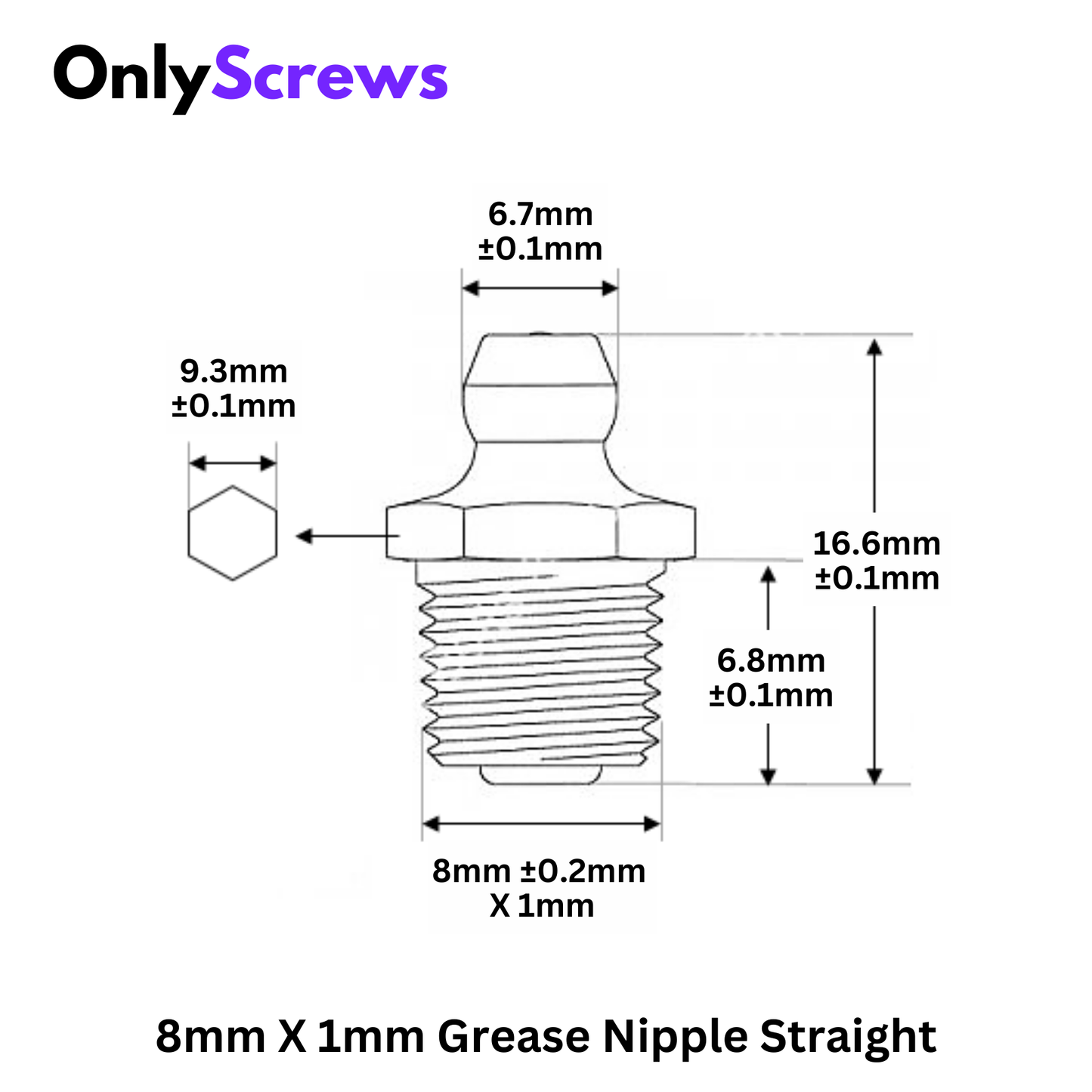 8mm X 1mm Grease Nipple Straight 180° Mild Steel with Zinc Plating
