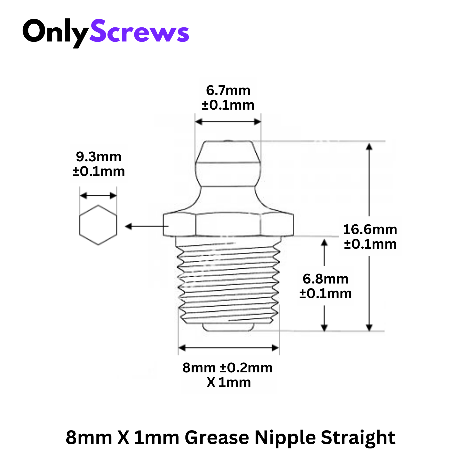 8mm X 1mm Grease Nipple Straight 180° Mild Steel with Zinc Plating