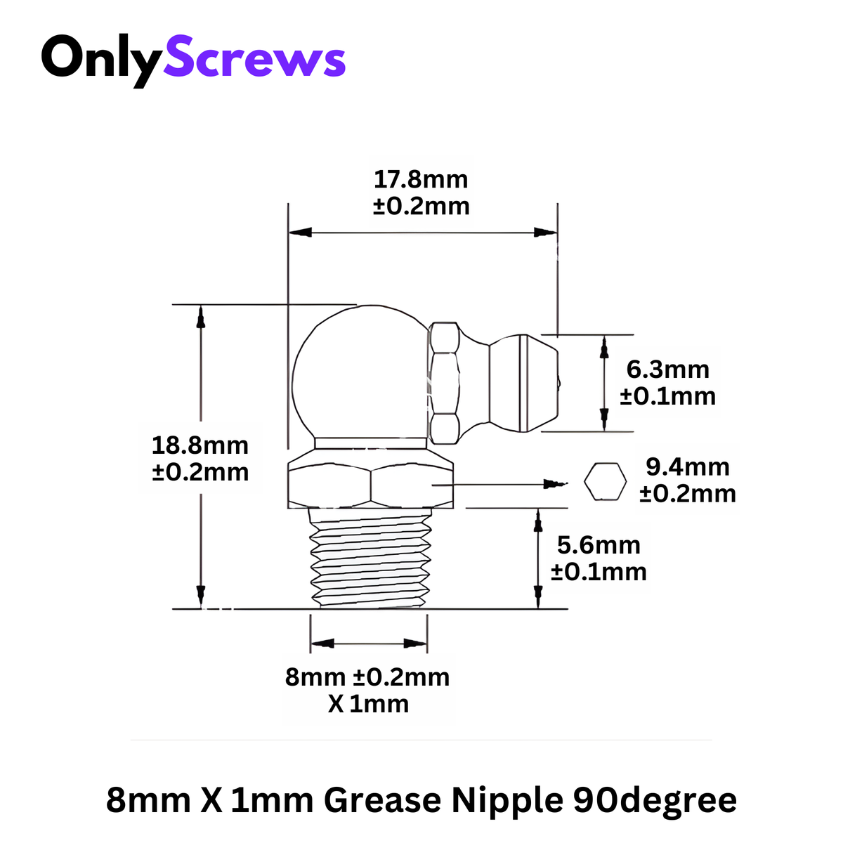 8mm X 1mm Grease Nipple Straight 90° Mild Steel with Zinc Plating
