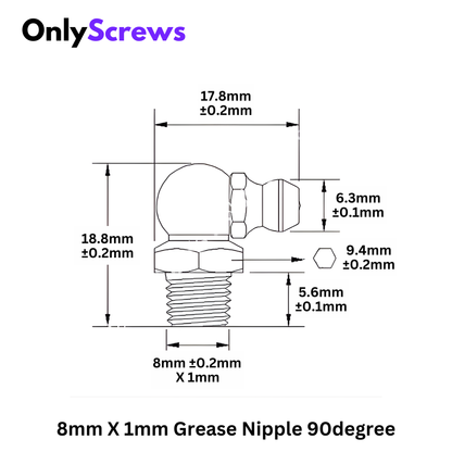 8mm X 1mm Grease Nipple Straight 90° Mild Steel with Zinc Plating