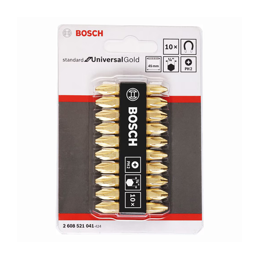 Bosch 65 mm Standard for Universal Gold Screwdriver Bits, 10 in 1 Pack PH2