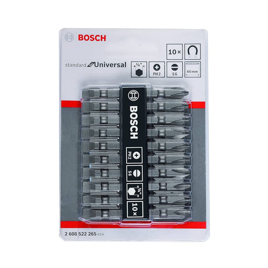 Bosch 65 mm Standard for Universal Screwdriver Bits, 10 in 1 Pack Slotted and PH2