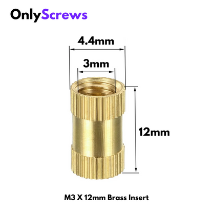 M3 X 12mm Brass Threaded Inserts (Dia. 3mm, Length 12mm)