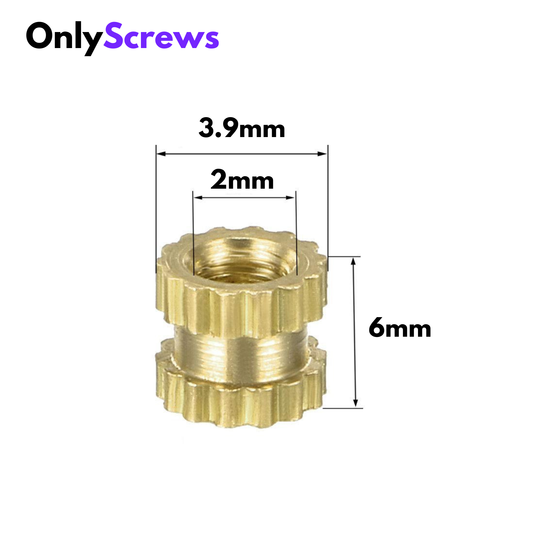 M2 X 6mm Brass Inserts with dimensions