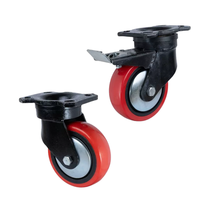 3 Inch (75 mm) Red PU Castor Wheels Set of 4 – 2 Swivel & 2 Braked | Heavy Duty Furniture & Equipment Wheels