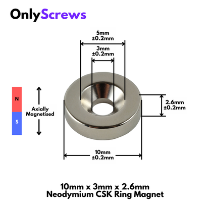 10mm x 3mm x 2.6mm Neodymium Countersunk (CSK) Ring Magnet N35 for M3 screw