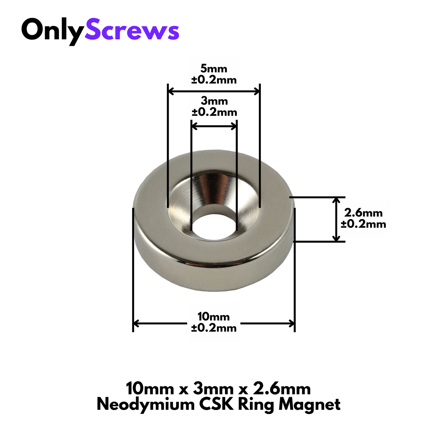 10mm x 3mm x 2.6mm Neodymium Countersunk (CSK) Ring Magnet N35 for 3mm screw