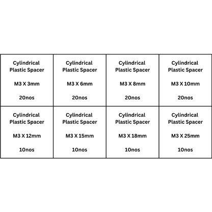 Cylindrical Plastic Spacer Assorted Pack for M3 Screws