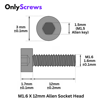 M1.6 X 12mm Hex (Allen) Socket Head SS 304 Screw (Dia. 1.6mm, Length 12mm)