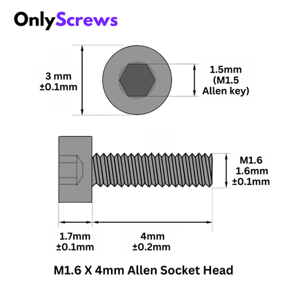 M1.6 X 4mm Hex (Allen) Socket Head SS 304 Screw (Dia. 1.6mm, Length 4mm)