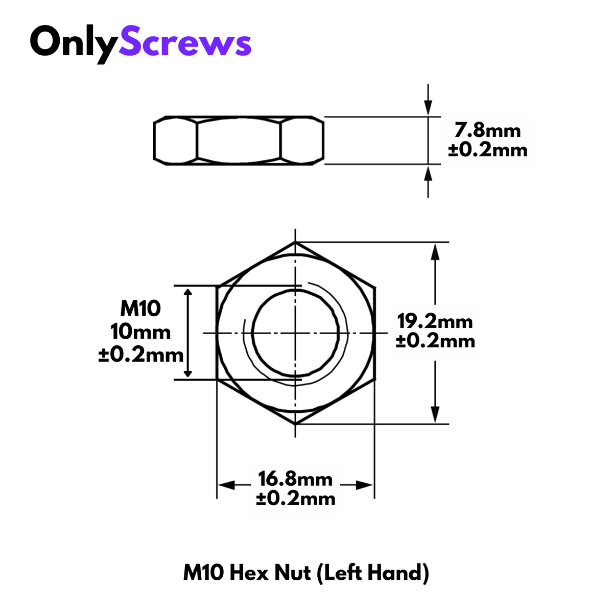 M10 Hex Nut LEFT HAND THREAD Mild Steel  (Dia. 10mm)