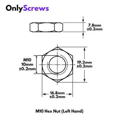 M10 Hex Nut LEFT HAND THREAD Mild Steel  (Dia. 10mm)