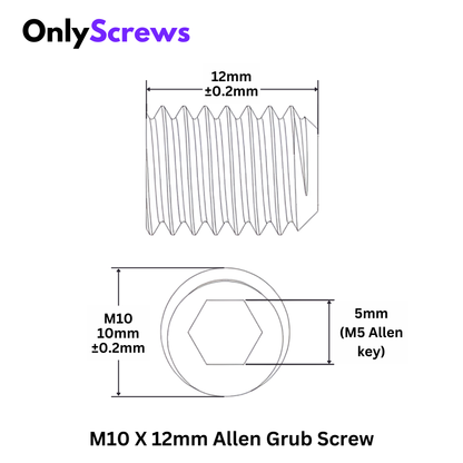 M10 X 12mm Grub Screw SS304 (Dia. 10mm, Length 12mm)