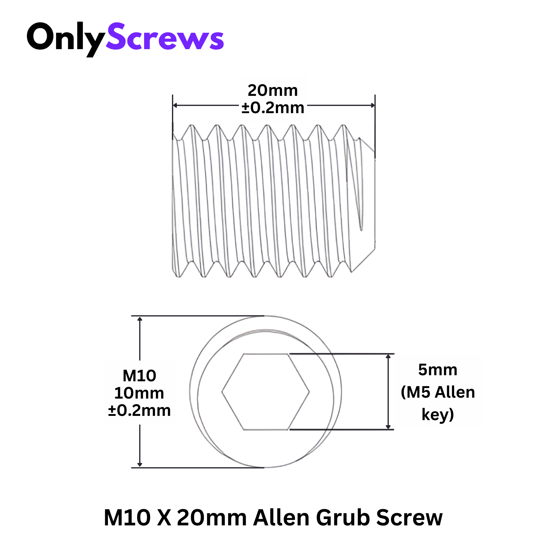 M10 X 20mm Grub Screw SS304 (Dia. 10mm, Length 20mm)