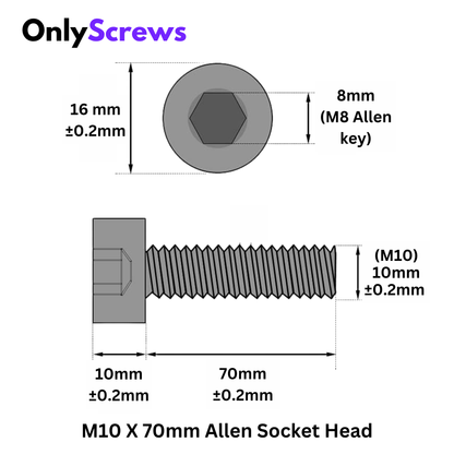 M10 X 70mm Hex (Allen) Socket Head SS 304 Screw (Dia. 10mm, Length 70mm)