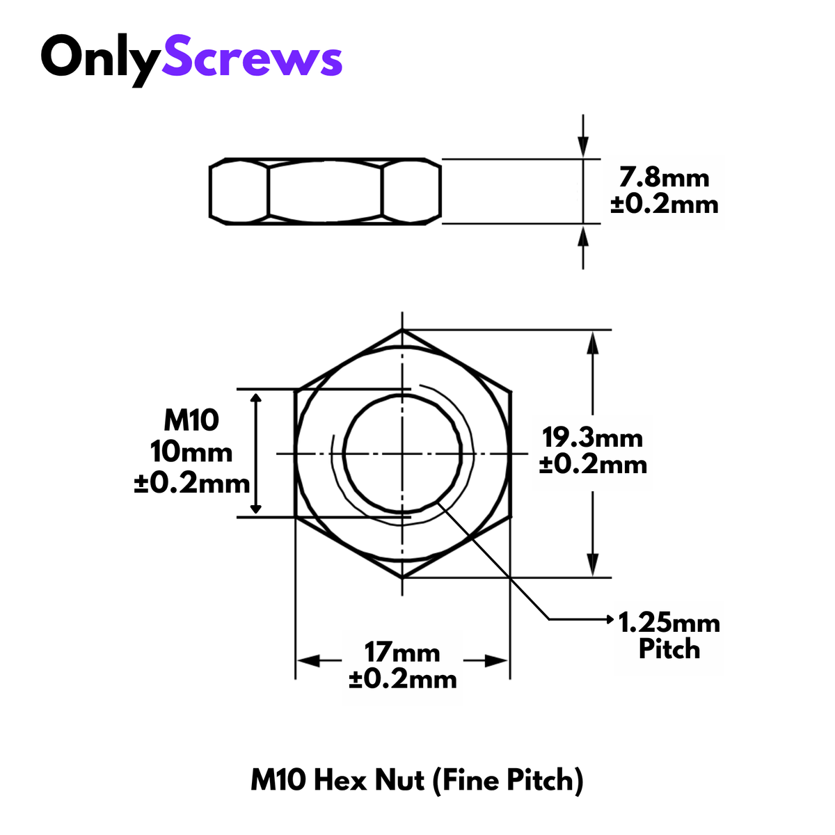 M10 x 1.25mm FINE PITCH Hex Nut Mild Steel (Dia. 10mm)