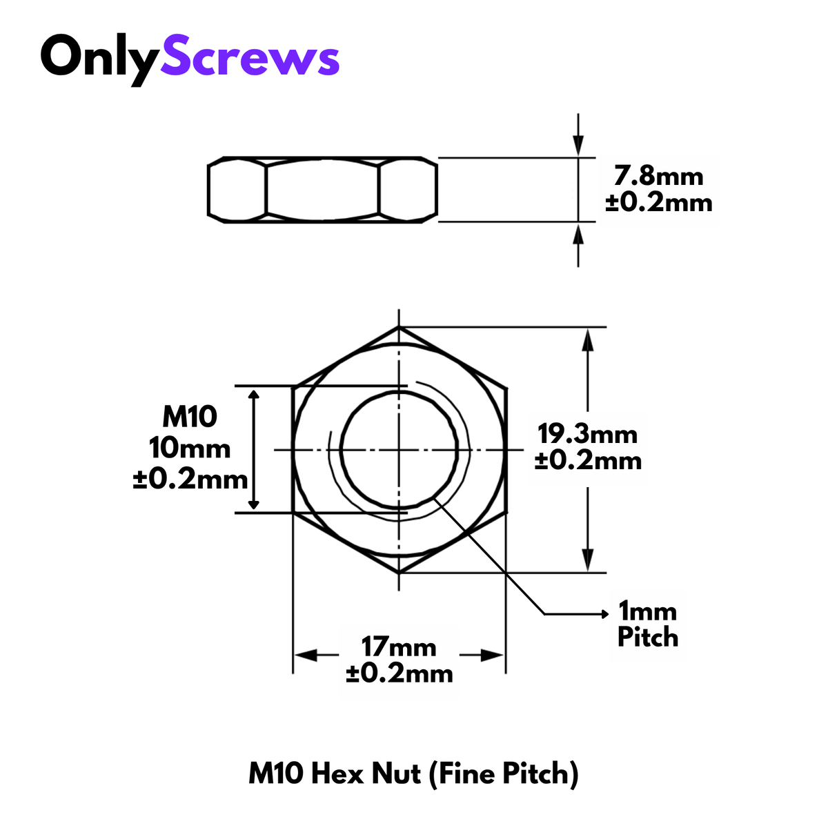 M10 x 1mm FINE PITCH Hex Nut Mild Steel (Dia. 10mm)
