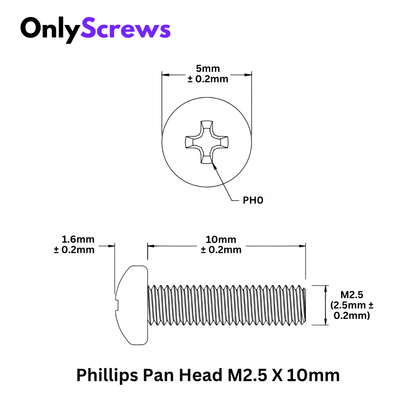M2.5 X 10mm Phillips Pan Head Mild Steel Black oxide Screw (Dia. 2.5mm, Length 10mm)