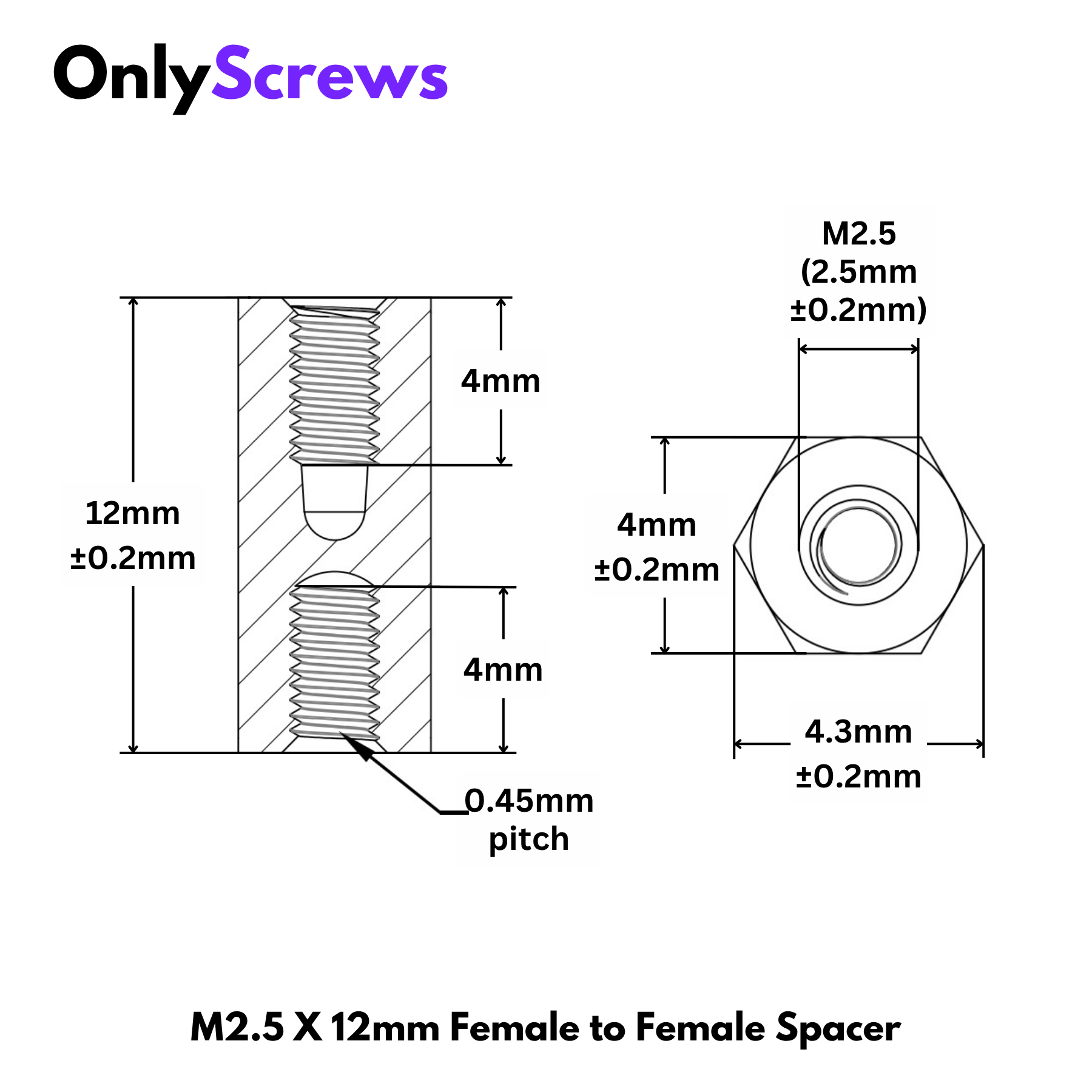 M2.5 X 12mm Female to Female Brass with Nickel plating Hex Threaded Standoff Spacer