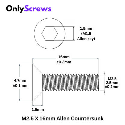 M2.5 X 16mm Hex (Allen) CSK High Tensile(10.9) Black Oxide Screw (Dia. 2.5mm, Length 16mm)
